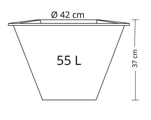 Dessin technique d'un bac à plantes de 55 litres avec un diamètre de 42 centimètres et une hauteur de 37 centimètres