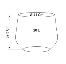 Skizze eines Pflanzgefäßes mit den Maßen 41 Zentimeter Durchmesser, 32,5 Zentimeter Höhe und 26 Liter Volumen