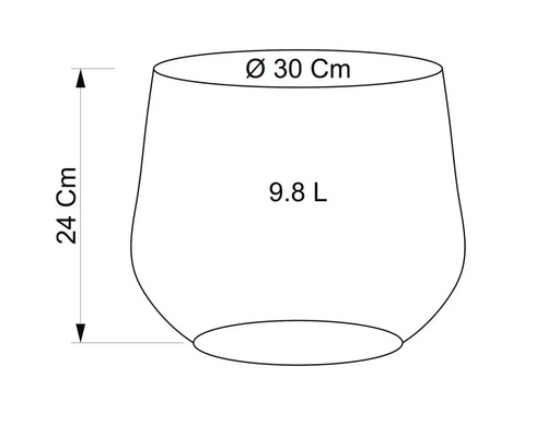 Skizze eines Pflanzgefäßes mit den Maßen 30 Zentimeter Durchmesser, 24 Zentimeter Höhe und einem Volumen von 9,8 Litern