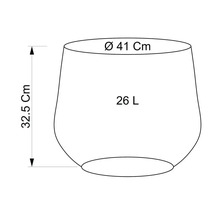 Skizze eines Pflanzgefäßes mit den Maßen 32,5 cm Höhe, 41 cm Durchmesser und 26 Liter Volumen.