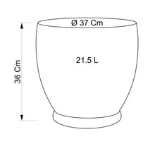 Skizze eines Pflanzgefäßes mit den Maßen 36 cm Höhe, 37 cm Durchmesser und 21,5 Liter Fassungsvermögen.