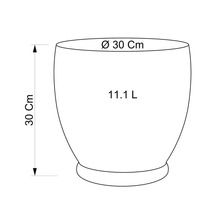 Skizze eines Pflanzgefässes mit den Massen 30 cm Höhe, 30 cm Durchmesser und 11,1 Liter Fassungsvermögen