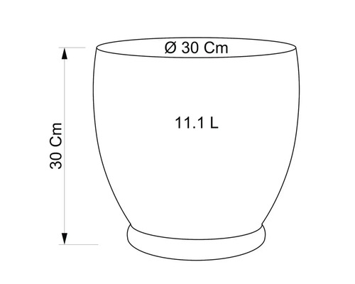 Skizze eines Pflanzgefässes mit den Massen 30 cm Höhe, 30 cm Durchmesser und 11,1 Liter Fassungsvermögen