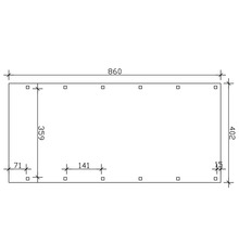Dessin technique avec dimensions : longueur 860, largeur 402, entraxe des trous 141 et diamètre des trous 15.