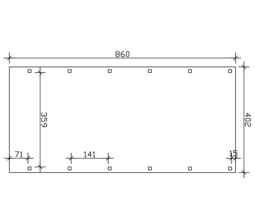 Dessin technique avec dimensions : longueur 860, largeur 402, entraxe des trous 141 et diamètre des trous 15.