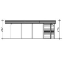 Schéma technique d'un auvent de terrasse avec porte et dimensions.