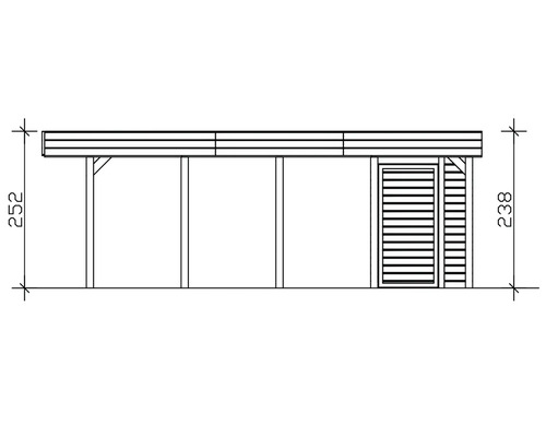 Schéma technique d'un auvent de terrasse avec porte et dimensions.