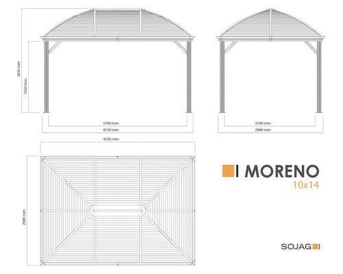 Dessin technique du pavillon de jardin Moreno avec indication des dimensions