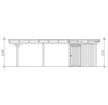 Schéma technique d'un abri de voiture avec remise, indications de hauteur incluses