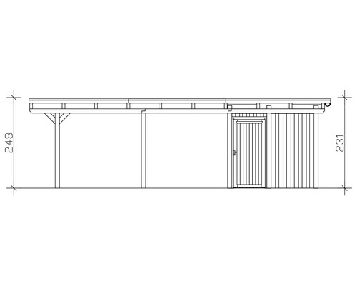Schéma technique d'un abri de voiture avec remise, indications de hauteur incluses