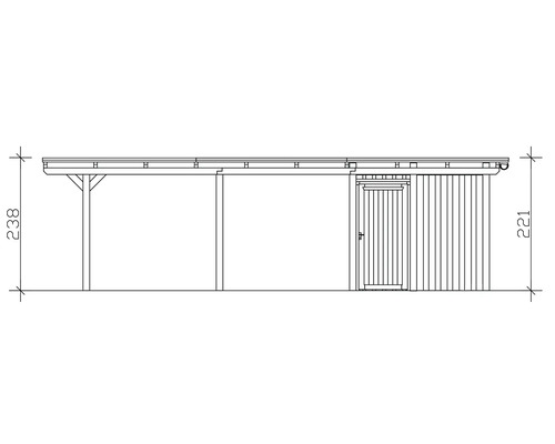 Schéma technique d'un abri de jardin d'une hauteur de 221 centimètres et d'une largeur de 238 centimètres.