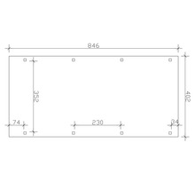 Dessin technique avec cotes : longueur 846, largeur 402, espacement des trous 230, espacement latéral 74 et 34, espacement des rangées de trous 352