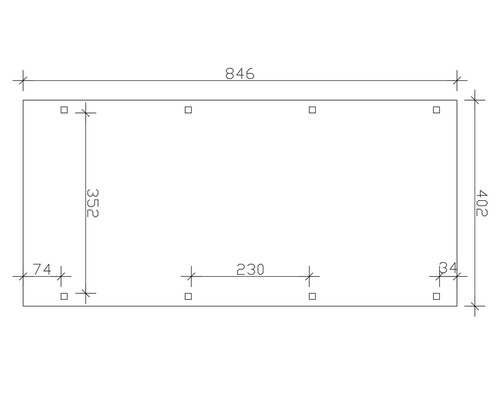 Dessin technique avec cotes : longueur 846, largeur 402, espacement des trous 230, espacement latéral 74 et 34, espacement des rangées de trous 352