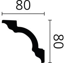 Représentation dimensionnelle d'une moulure décorative de 80 x 80 millimètres.