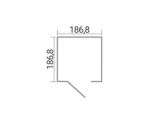 Plan au sol d'un abri de jardin carré avec des dimensions de 186,8 centimètres sur 186,8 centimètres et une porte simple.