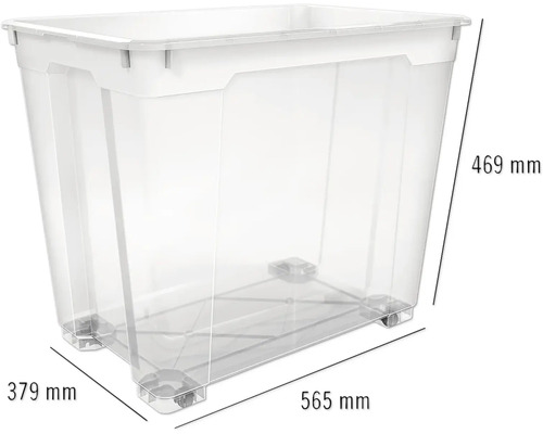 Boîte de rangement transparente en plastique avec roulettes et dimensions de 565 x 379 x 469 millimètres.