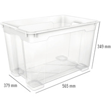 Transparente Aufbewahrungsbox aus Kunststoff mit den Maßen 565 x 379 x 349 Millimeter