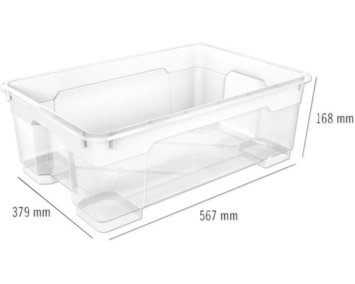 Aufbewahrungsbox aus Kunststoff mit den Maßen 567 mm Länge, 379 mm Breite und 168 mm Höhe.
