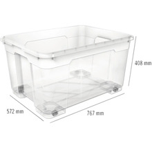 Aufbewahrungsbox aus Kunststoff mit Rollen und Grössenangaben