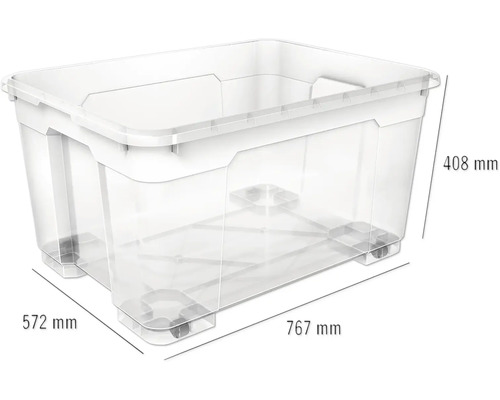 Aufbewahrungsbox aus Kunststoff mit Rollen und Grössenangaben