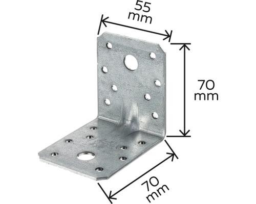Connecteur d'angle mesurant 55 mm sur 70 mm sur 70 mm.