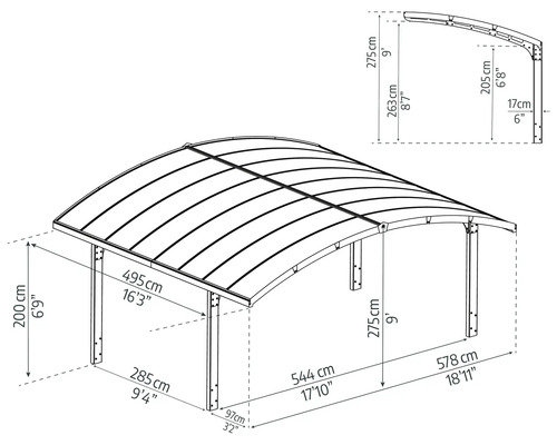 Illustration eines Carports mit Maßangaben