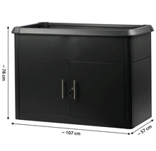 Meuble noir pour aquarium, deux portes, poignées argentées, serrure. Largeur circa 107, profondeur circa 57, hauteur circa 78 centimètres.