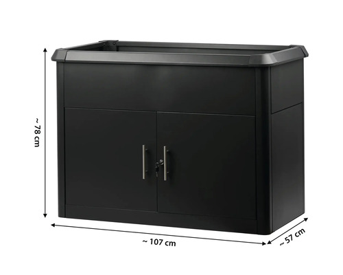 Meuble noir pour aquarium, deux portes, poignées argentées, serrure. Largeur circa 107, profondeur circa 57, hauteur circa 78 centimètres.