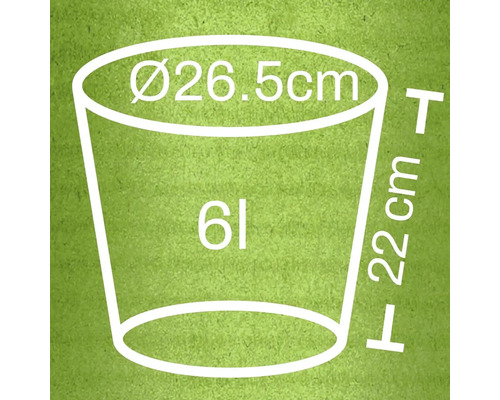 Technische Zeichnung eines Pflanzgefäßes mit den Maßen 26,5 cm Durchmesser und 22 cm Höhe sowie einem Volumen von 6 Litern