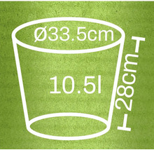 Illustration eines Pflanzgefäßes mit den Massen 33,5 cm Durchmesser, 28 cm Höhe und 10,5 Liter Volumen