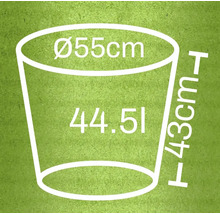 Skizze eines Pflanzgefäßes mit Maßangaben: Durchmesser 55 Zentimeter, Höhe 43 Zentimeter, Volumen 44,51 Liter
