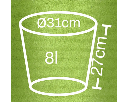Abmessungsskizze Pflanzkübel: Durchmesser 31 cm, Höhe 27 cm, Volumen 8 Liter