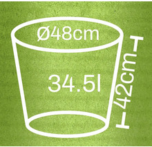Illustration eines Blumentopfes mit den Maßen Durchmesser 48 cm, Höhe 42 cm und einem Volumen von 34,5 Litern