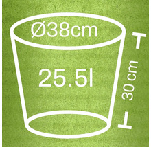 Skizze eines Pflanzgefässes mit den Massen 38 cm Durchmesser, 30 cm Höhe und 25,51 Liter Volumen