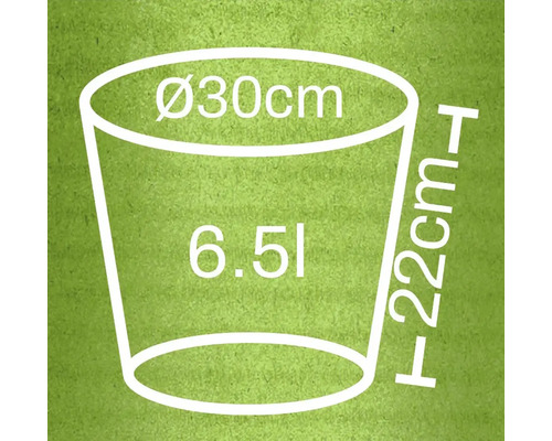 Illustration eines Pflanzgefäßes mit den Maßen Durchmesser 30 cm, Höhe 22 cm und einem Volumen von 6,5 Litern
