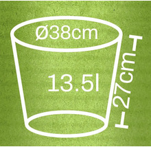 Illustration d'un pot de fleurs avec des dimensions de 38 cm de diamètre, 27 cm de hauteur et un volume de 13,5 litres