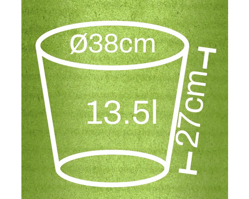 Illustration d'un pot de fleurs avec des dimensions de 38 cm de diamètre, 27 cm de hauteur et un volume de 13,5 litres