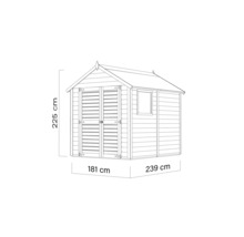 Abbildung eines Gartenhauses mit den Maßen 225 cm Höhe, 181 cm Breite und 239 cm Tiefe