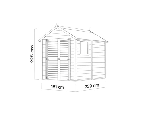 Abbildung eines Gartenhauses mit den Maßen 225 cm Höhe, 181 cm Breite und 239 cm Tiefe