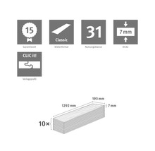 15 Jahre Garantie, Nutzungsklasse 31, 7 Millimeter Dicke, CLIC it System, klassisches Dielenformat, Maße 1292 mal 193 Millimeter, 10 Stück.