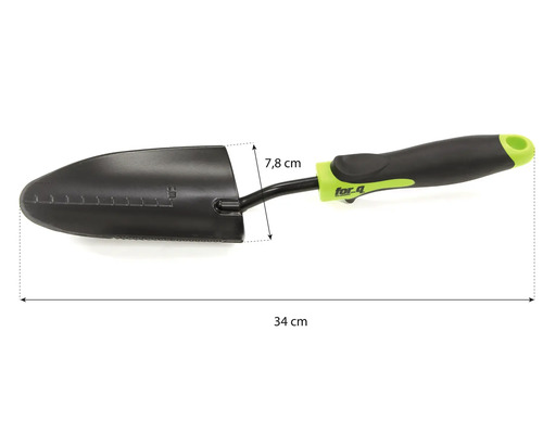 Transplantoir d'une longueur de 34 cm et d'une largeur de lame de 7,8 cm.