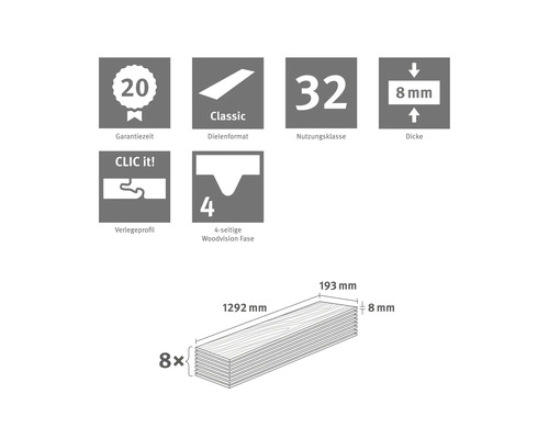 20 Jahre Garantie, Nutzungsklasse 32, 8 Millimeter Dicke, CLIC it Profil, Woodvision Fase, 8 Dielen pro Paket, 1292 mal 193 mal 8 Millimeter.