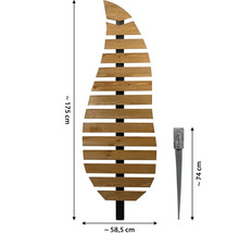 Holz-Sichtschutzelement in Blattform, Höhe circa 175 Zentimeter, Breite circa 58,5 Zentimeter, inklusive Bodenhülse Länge circa 74 Zentimeter.