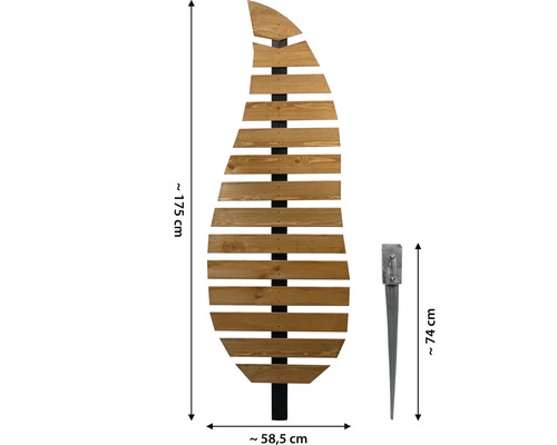 Holz-Sichtschutzelement in Blattform, Höhe circa 175 Zentimeter, Breite circa 58,5 Zentimeter, inklusive Bodenhülse Länge circa 74 Zentimeter.