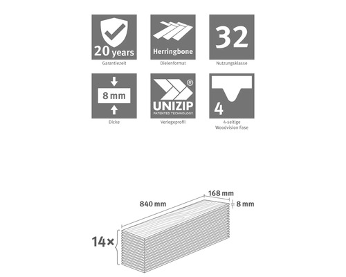 Boden: 20 Jahre Garantie, Fischgräte, Nutzungsklasse 32, UNIZIP-Profil, 4-seitige Woodvision-Fase. Maße 840 mal 168 mal 8 Millimeter, 14 Stück.