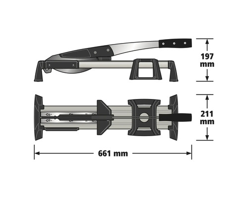 Coupe-stratifié avec dimensions : longueur 661 millimètres, hauteur 197 millimètres et largeur 211 millimètres.