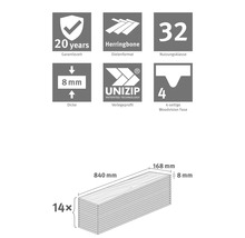 Sol: garantie 20 ans, bâtons rompus, classe 32, profil UNIZIP, chanfrein Woodvision 4 côtés. 840 par 168 par 8 millimètres, 14 pièces.