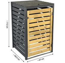 Cache-poubelle en bois pour un bac en anthracite et bois naturel, hauteur environ 112 centimètres, largeur 67 centimètres, profondeur 69,5 centimètres.