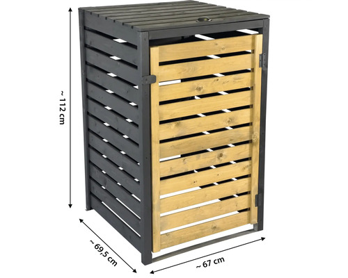 Cache-poubelle en bois pour un bac en anthracite et bois naturel, hauteur environ 112 centimètres, largeur 67 centimètres, profondeur 69,5 centimètres.