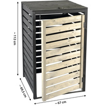 Abri pour une poubelle en bois mesurant environ 112 centimètres de haut, 67 centimètres de large et 69,5 centimètres de profondeur.